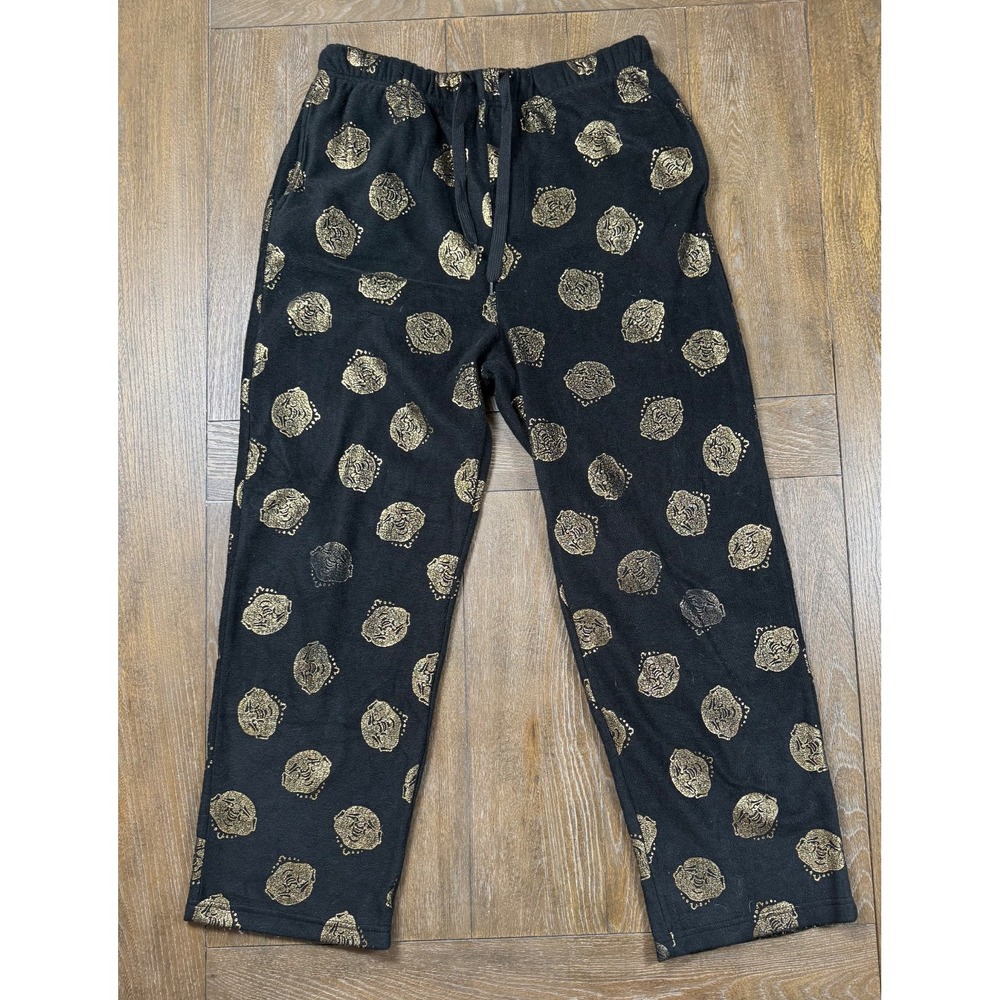 True Religion Mens Lounge Pants Large Black Gold Buddha Print Drawstring Pajama